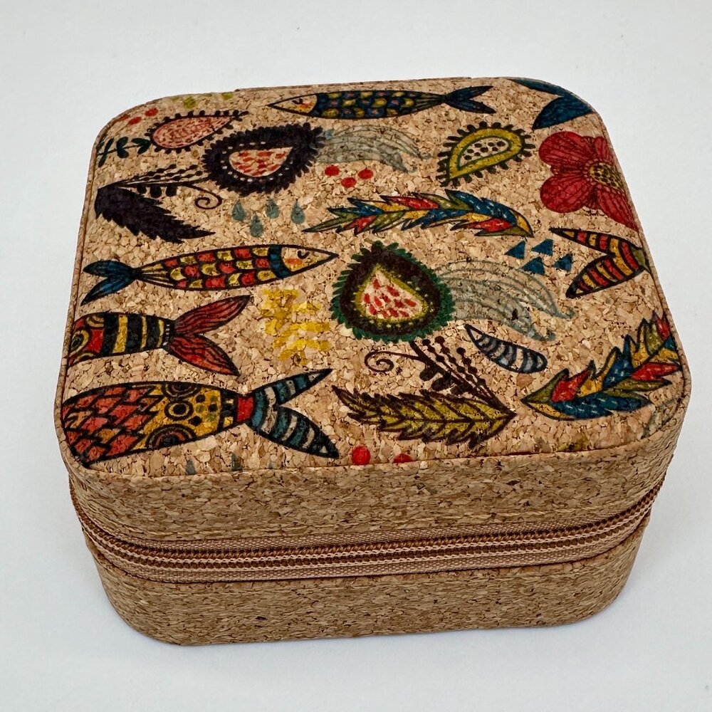 Colorful Cork Travel Jewelry Box – Fish & Floral Print